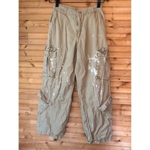 Cargo Pants Paint Thrashed Small Tan Utility Grunge Street Y2K Taper Pockets